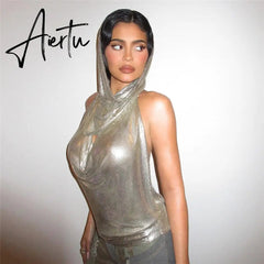 Women Midnight Stunning Hollow Out Hoodies Tank Top Backless Sexy Pile Collar Mini Vest T Shirts Glitter Summer Tee New Aiertu