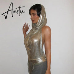 Women Midnight Stunning Hollow Out Hoodies Tank Top Backless Sexy Pile Collar Mini Vest T Shirts Glitter Summer Tee New Aiertu