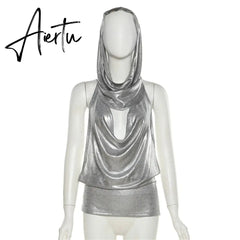 Women Midnight Stunning Hollow Out Hoodies Tank Top Backless Sexy Pile Collar Mini Vest T Shirts Glitter Summer Tee New Aiertu