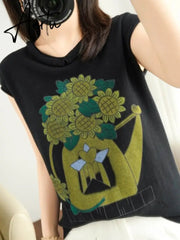 Women New Casual Korean Y2k Tops Fall Fashion Sunflower Printed Round Neck Long Sleeve Pullover Female Sweatshirt T-shirt Aiertu