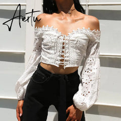 Women Off Shoulder Blouse Ladies Long Sleeve Slash Neck Hollow Lace Loose Shirt Tee Sexy Casual Tops Blusas Femininas Hot New Aiertu