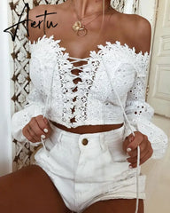 Women Off Shoulder Blouse Ladies Long Sleeve Slash Neck Hollow Lace Loose Shirt Tee Sexy Casual Tops Blusas Femininas Hot New Aiertu