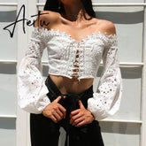 Women Off Shoulder Blouse Ladies Long Sleeve Slash Neck Hollow Lace Loose Shirt Tee Sexy Casual Tops Blusas Femininas Hot New Aiertu