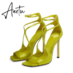 Women Open Toe Stilettos Shoes On Buckle Summer High Heel Sexy Cross Sandals Strappy Sandals Ankle Strap Gladiator Dress Shoes Aiertu