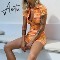 Women Overalls Workout Jumpsuit Female Summer Outfits Striped Casual Playsuit Button Up Short Sleeve Skinny Rompers Hot Aiertu