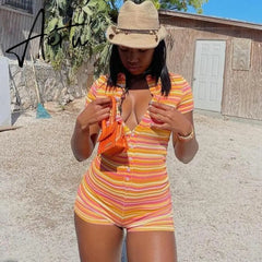 Women Overalls Workout Jumpsuit Female Summer Outfits Striped Casual Playsuit Button Up Short Sleeve Skinny Rompers Hot Aiertu