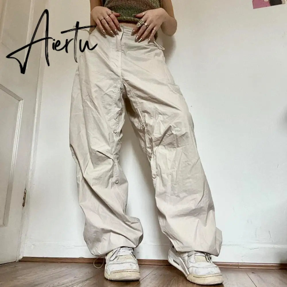 Women Oversized Tech Pants Casual Solid Drawstring Low Waist Baggy Trousers Y2K Vintage Hippie Joggers Cargo Pants Streetwear Aiertu