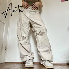 Women Oversized Tech Pants Casual Solid Drawstring Low Waist Baggy Trousers Y2K Vintage Hippie Joggers Cargo Pants Streetwear Aiertu