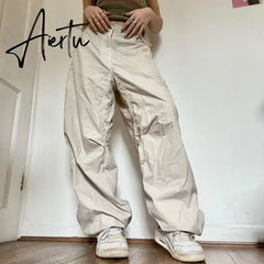 Women Oversized Tech Pants Casual Solid Drawstring Low Waist Baggy Trousers Y2K Vintage Hippie Joggers Cargo Pants Streetwear Aiertu