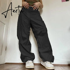 Women Oversized Tech Pants Casual Solid Drawstring Low Waist Baggy Trousers Y2K Vintage Hippie Joggers Cargo Pants Streetwear Aiertu
