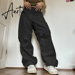 Women Oversized Tech Pants Casual Solid Drawstring Low Waist Baggy Trousers Y2K Vintage Hippie Joggers Cargo Pants Streetwear Aiertu