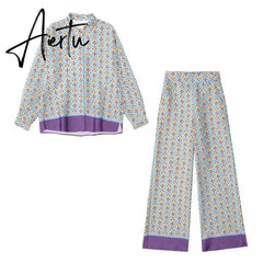 Women Pajams Set Fashion Print Silk Satin Shirt Pant Set Casual Wide Leg Straight Trouser Suits Loose Sleepwear 2 Piece Set Aiertu