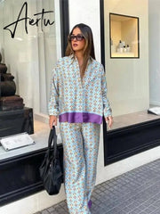 Women Pajams Set Fashion Print Silk Satin Shirt Pant Set Casual Wide Leg Straight Trouser Suits Loose Sleepwear 2 Piece Set Aiertu