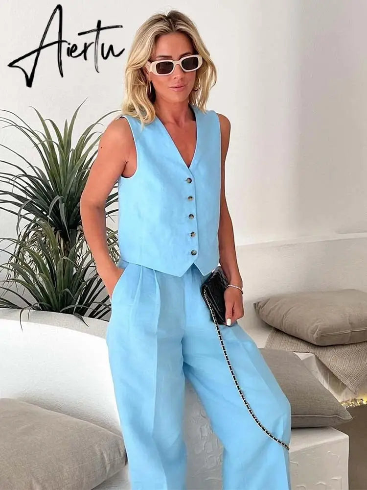 Women Pants 2 Pieces Sets Fashion Linen Vest Tops+Straight Pants Office Suit Vintage Woman Two Pieces Outfit Aiertu