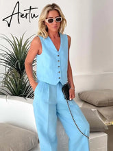 Women Pants 2 Pieces Sets Fashion Linen Vest Tops+Straight Pants Office Suit Vintage Woman Two Pieces Outfit Aiertu