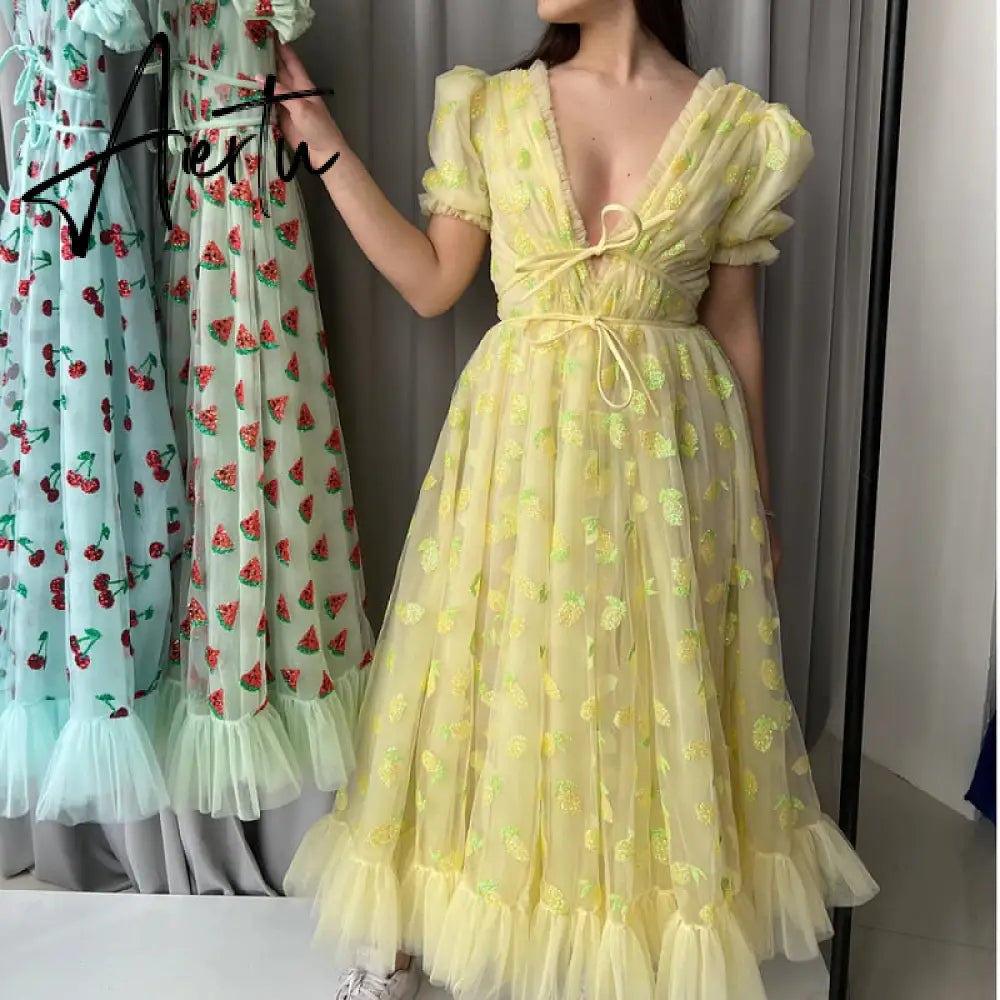 Women Party Long Dress Short Sleeve V Neck Tie-up Front High Waist Fruit Sequins Ruffle Tulle Hem Princess Dress Aiertu