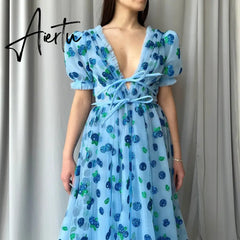 Women Party Long Dress Short Sleeve V Neck Tie-up Front High Waist Fruit Sequins Ruffle Tulle Hem Princess Dress Aiertu