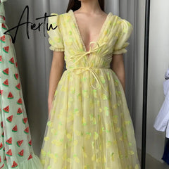 Women Party Long Dress Short Sleeve V Neck Tie-up Front High Waist Fruit Sequins Ruffle Tulle Hem Princess Dress Aiertu