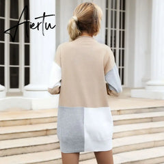 Women Patch work Tunic Sweater, Female Autumn Winter Knitted Pullover Mini Dress. Aiertu