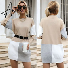 Women Patch work Tunic Sweater, Female Autumn Winter Knitted Pullover Mini Dress. Aiertu