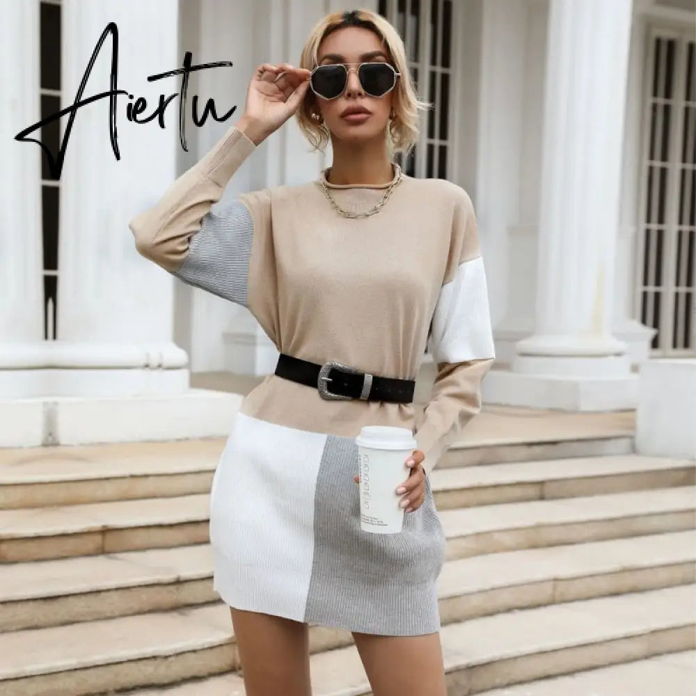 Women Patch work Tunic Sweater, Female Autumn Winter Knitted Pullover Mini Dress. Aiertu