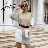 Women Patch work Tunic Sweater, Female Autumn Winter Knitted Pullover Mini Dress. Aiertu