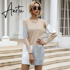 Women Patch work Tunic Sweater, Female Autumn Winter Knitted Pullover Mini Dress. Aiertu