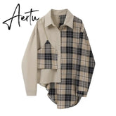 Women Plaid Irregular Split Joint Blouse New Lapel Long Sleeve Loose Fit Shirt Fashion Tide Spring Autumn 1Z091 Aiertu