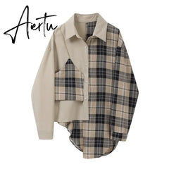 Women Plaid Irregular Split Joint Blouse New Lapel Long Sleeve Loose Fit Shirt Fashion Tide Spring Autumn 1Z091 Aiertu