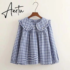Women Plaid Shirt Long Sleeve Spring Summer Tops Ladies Japanese Mori Girl Peter pan Collar Cute Baby doll Cotton White Blouses Aiertu