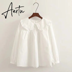 Women Plaid Shirt Long Sleeve Spring Summer Tops Ladies Japanese Mori Girl Peter pan Collar Cute Baby doll Cotton White Blouses Aiertu