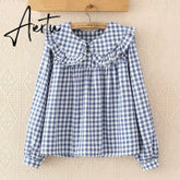 Women Plaid Shirt Long Sleeve Spring Summer Tops Ladies Japanese Mori Girl Peter pan Collar Cute Baby doll Cotton White Blouses Aiertu