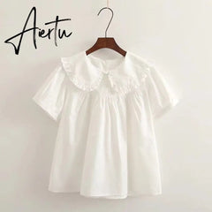 Women Plaid Shirt Long Sleeve Spring Summer Tops Ladies Japanese Mori Girl Peter pan Collar Cute Baby doll Cotton White Blouses Aiertu