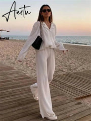 Women Pleated 2 Piece Pants Sets Spring Summer Streetwear Long Sleeve Button Down Shirt+Straight-Leg Pants Loose Outfits Aiertu