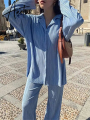 Women Pleated 2 Piece Pants Sets Spring Summer Streetwear Long Sleeve Button Down Shirt+Straight-Leg Pants Loose Outfits Aiertu