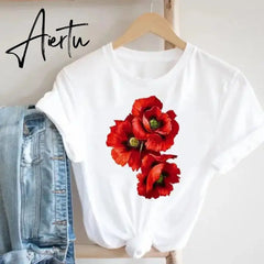 Women Printing Floral Flower 90s Cartoon Ladies Streetwear Style Fashion Clothes Print Tee Top Tshirt Female Graphic T-shirt Aiertu
