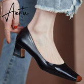Women Pumps natural leather shoes plus size 22-26.5 cm length Cowhide upper Square head stitching fashion casual womans shoes Aiertu