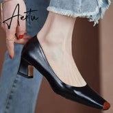 Women Pumps natural leather shoes plus size 22-26.5 cm length Cowhide upper Square head stitching fashion casual womans shoes Aiertu