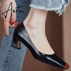 Women Pumps natural leather shoes plus size 22-26.5 cm length Cowhide upper Square head stitching fashion casual womans shoes Aiertu