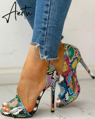 Women Pumps Snake Wedding Shoes Sandals Summer Low Heel Shoes PU Gladiator Luxury Shoes Women Designers Zapatos De Mujer Aiertu
