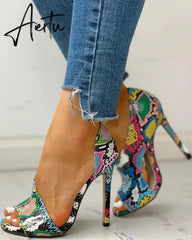 Women Pumps Snake Wedding Shoes Sandals Summer Low Heel Shoes PU Gladiator Luxury Shoes Women Designers Zapatos De Mujer Aiertu