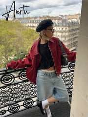 Aiertu Women Red Lapel Zipper Leather Cropped Coat Autumn Casual Long Sleeve Patchwork Jacket Winter Fashion New Office Streetwear Aiertu