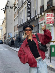 Aiertu Women Red Lapel Zipper Leather Cropped Coat Autumn Casual Long Sleeve Patchwork Jacket Winter Fashion New Office Streetwear Aiertu