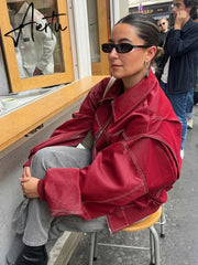 Aiertu Women Red Lapel Zipper Leather Cropped Coat Autumn Casual Long Sleeve Patchwork Jacket Winter Fashion New Office Streetwear Aiertu
