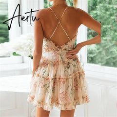 Women Ruffle Floral Print Spaghetti Strap Frill Dress Mini Dress Women Summer Dress Party Beach Dresses vestido Aiertu