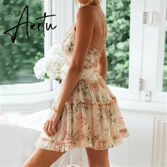 Women Ruffle Floral Print Spaghetti Strap Frill Dress Mini Dress Women Summer Dress Party Beach Dresses vestido Aiertu
