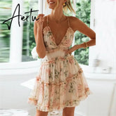 Women Ruffle Floral Print Spaghetti Strap Frill Dress Mini Dress Women Summer Dress Party Beach Dresses vestido Aiertu