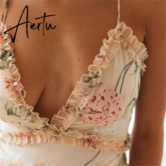 Women Ruffle Floral Print Spaghetti Strap Frill Dress Mini Dress Women Summer Dress Party Beach Dresses vestido Aiertu
