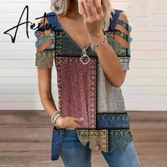 Women's T-Shirt Summer Fashion Print Floral V-Neck Zipper Tshirt Hollow Pullover Casual Loose Oversize Ladies Top Tee Shirt Aiertu
