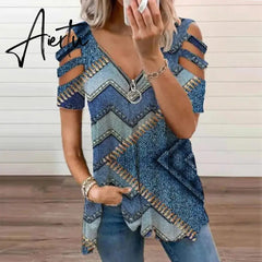 Women's T-Shirt Summer Fashion Print Floral V-Neck Zipper Tshirt Hollow Pullover Casual Loose Oversize Ladies Top Tee Shirt Aiertu